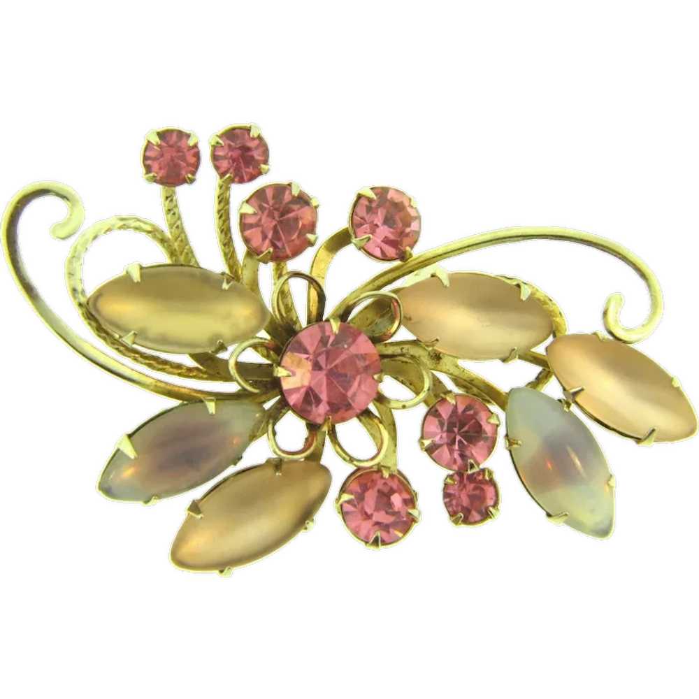 Vintage retro floral Brooch with pink and frosted… - image 1