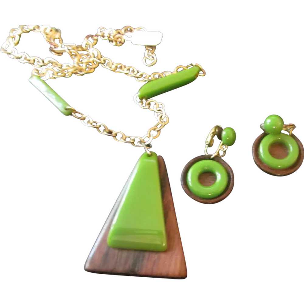 Bakelite and Wood Necklace and Earrings in green - image 1