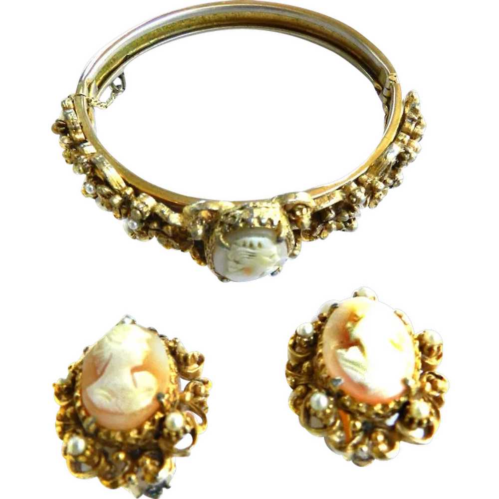 Vintage Florenza Cameo Clamper and Earrings Faux … - image 1