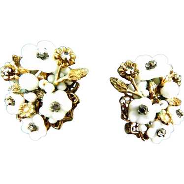 Rare DeMario Glass Flower and Rhinestone Earrings 