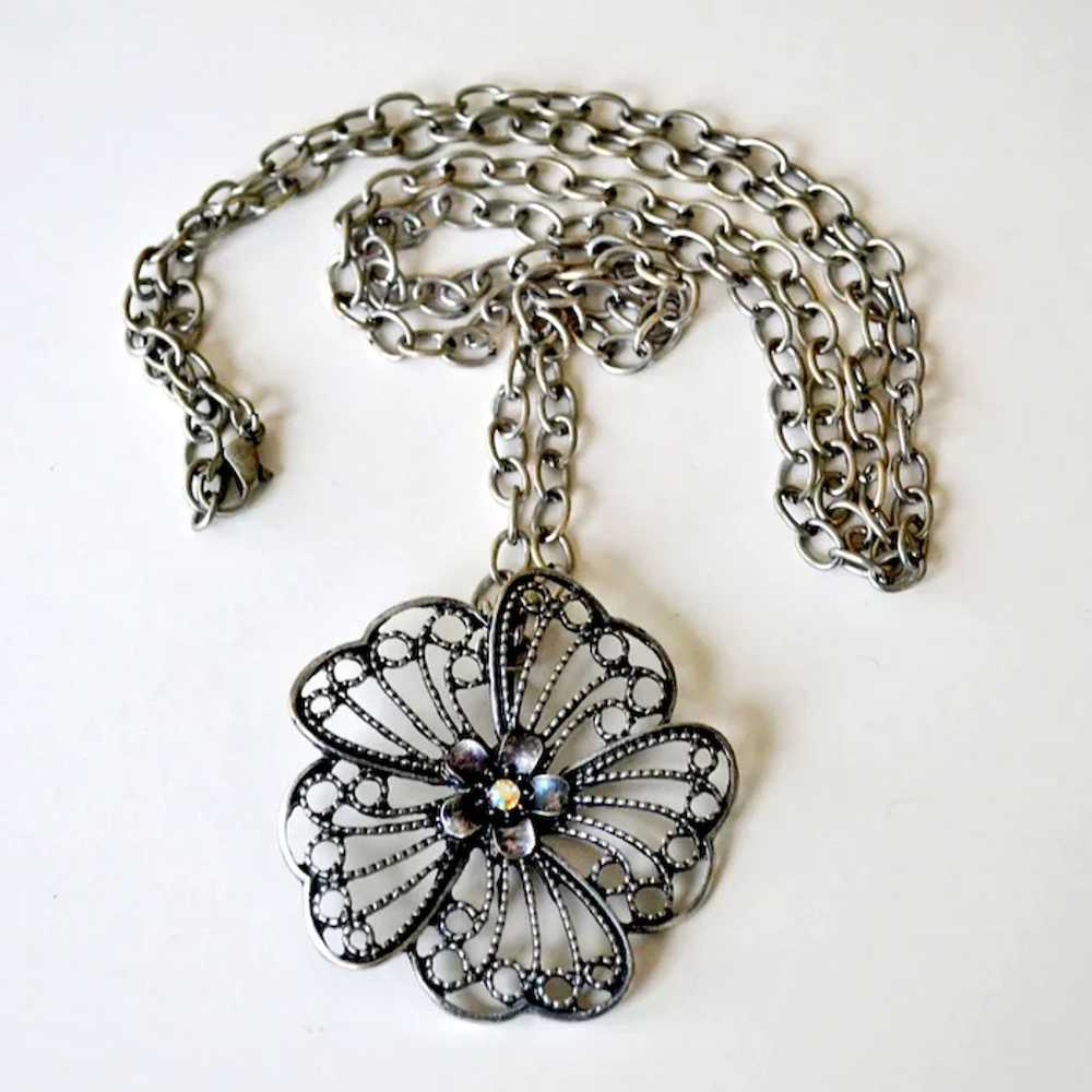 Necklace Openwork Flower Pendant with 30 Inch Cha… - image 2