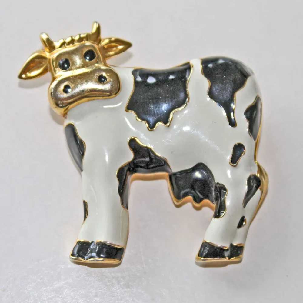 Vintage Cow Pin Brooch Enamel and Gold Tone - image 2