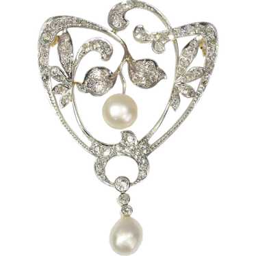 Antique Stylish Art Nouveau Diamond and Pearl Bro… - image 1