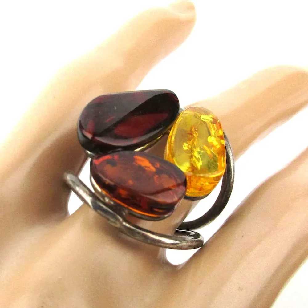 Big Sterling Silver Genuine AMBER Stone Ring - 3 … - image 2