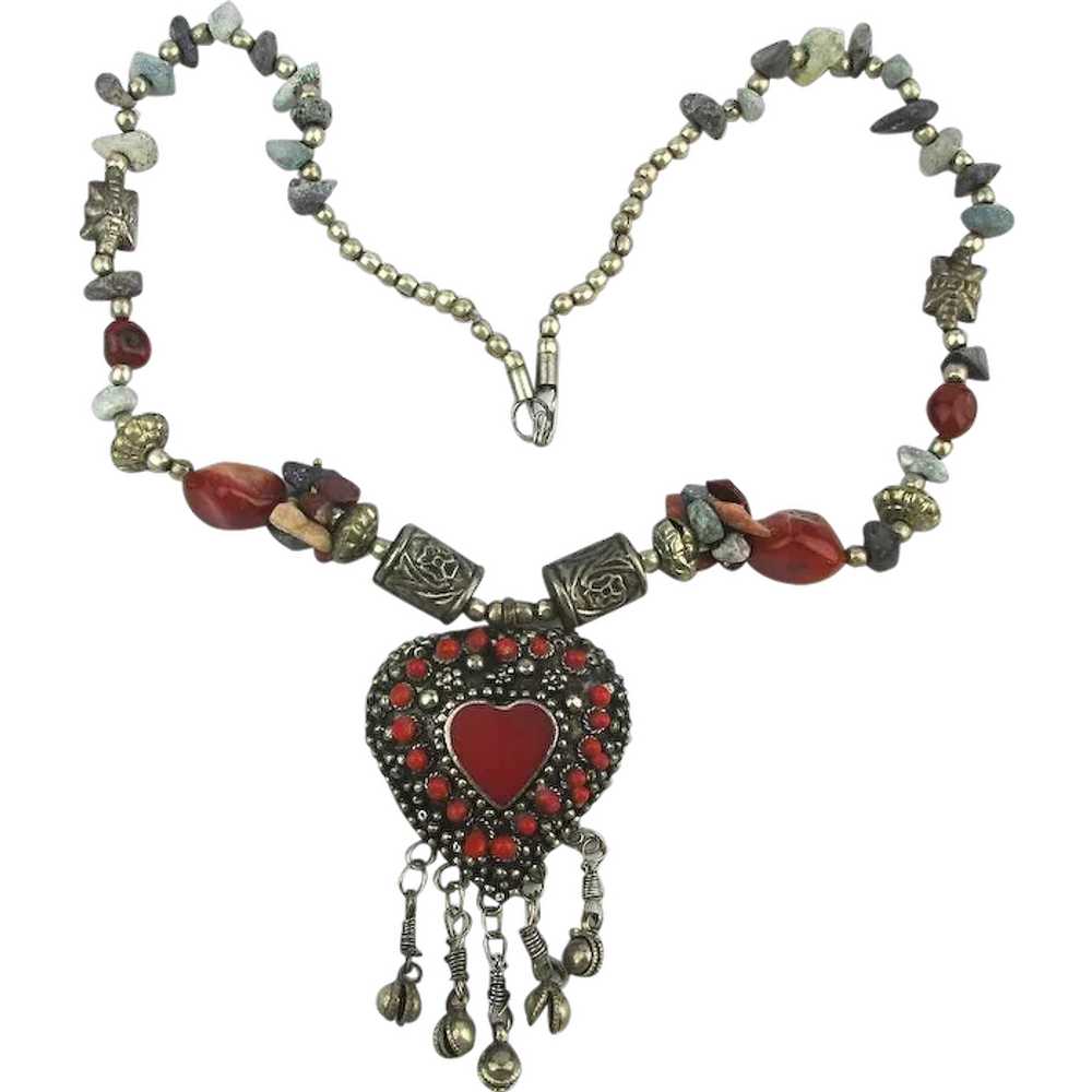 Vintage Tribal Bead Necklace w/ Warm Heart n Cold… - image 1