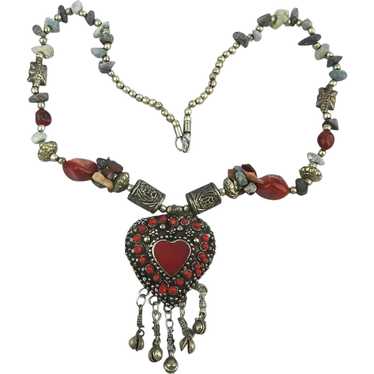 Vintage Tribal Bead Necklace w/ Warm Heart n Cold… - image 1