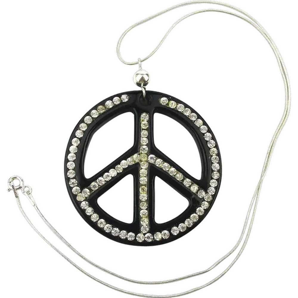 Black Enamel Rhinestone PEACE Symbol Pendant Neck… - image 1