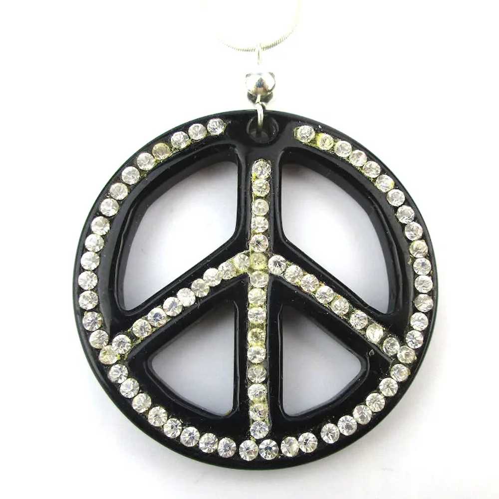 Black Enamel Rhinestone PEACE Symbol Pendant Neck… - image 2