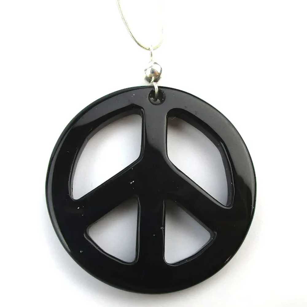 Black Enamel Rhinestone PEACE Symbol Pendant Neck… - image 5