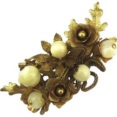 Old Opulent Gilded MOP Floral Pin Brooch - image 1