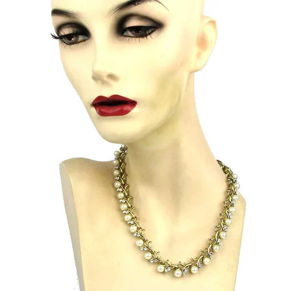 Signed Vintage Faux Pearls w/ Rhinestones Necklace - image 2