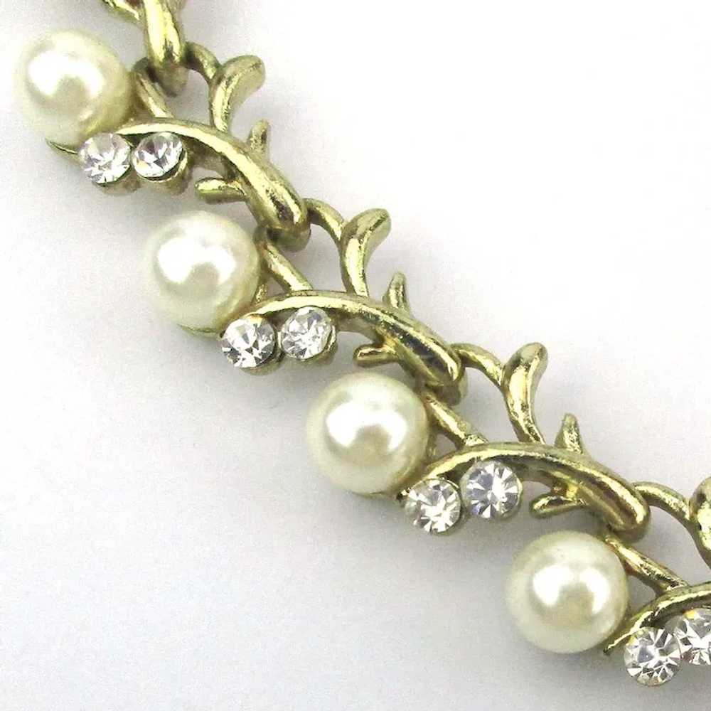 Signed Vintage Faux Pearls w/ Rhinestones Necklace - image 3