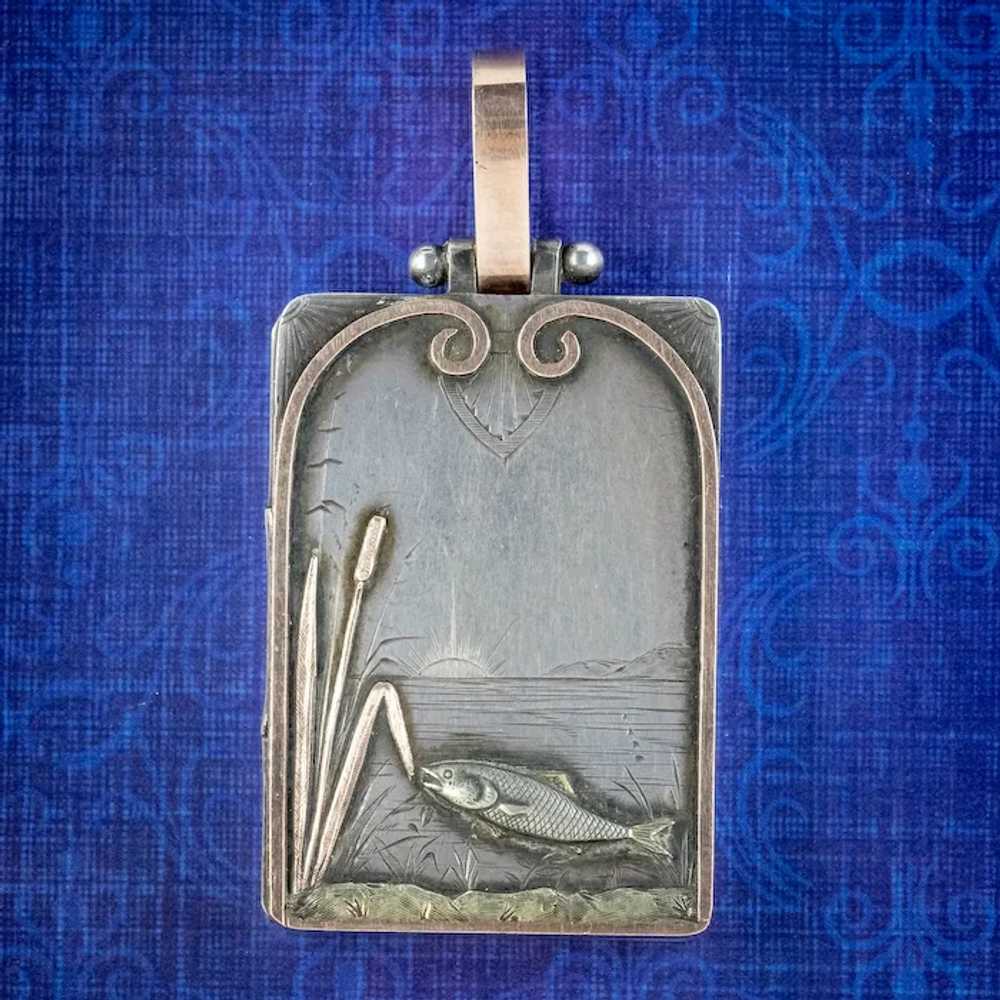 Antique Victorian Silver Fish Locket Pendant Circ… - image 2