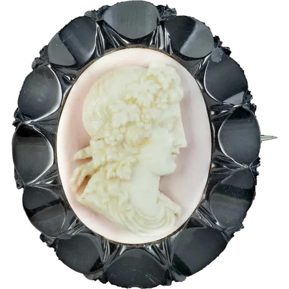 Antique Victorian Coral Cameo Brooch Whitby Jet F… - image 1