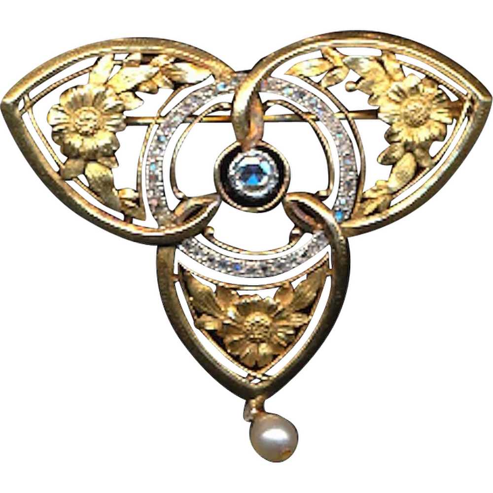 French Art Nouveau 18KT Gold Diamond Brooch / Pen… - image 1