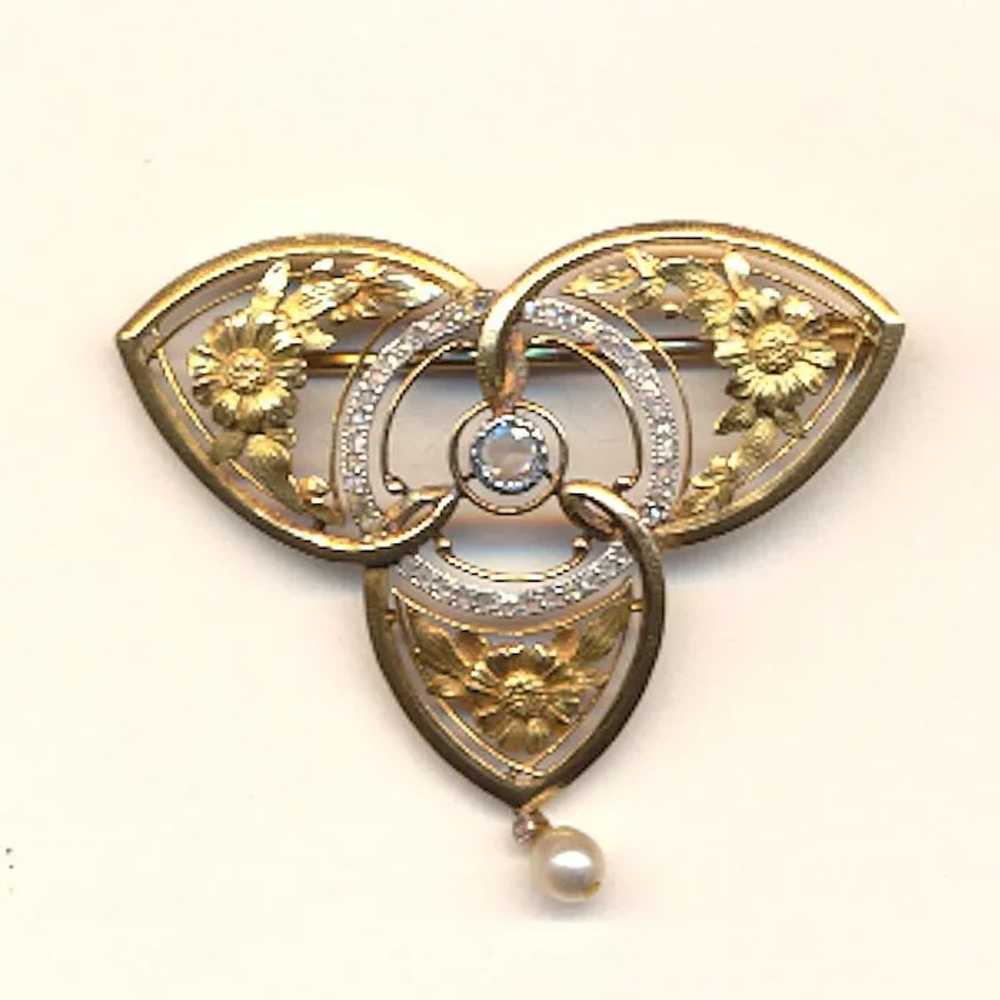 French Art Nouveau 18KT Gold Diamond Brooch / Pen… - image 2