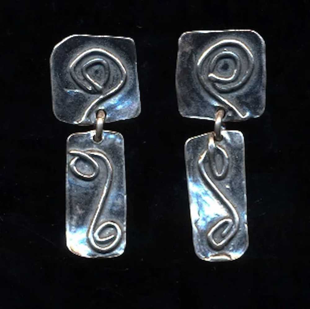 Modernist Sterling Silver Signed Dangle Earrings - image 2