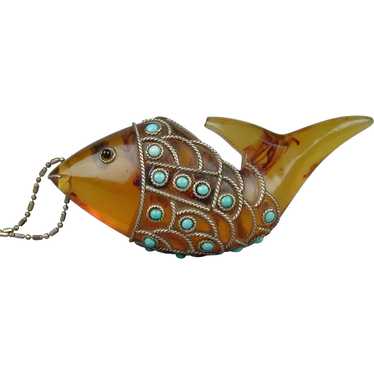 Vintage Amber Lucite Fish Pendant  w/ Turquoise &… - image 1