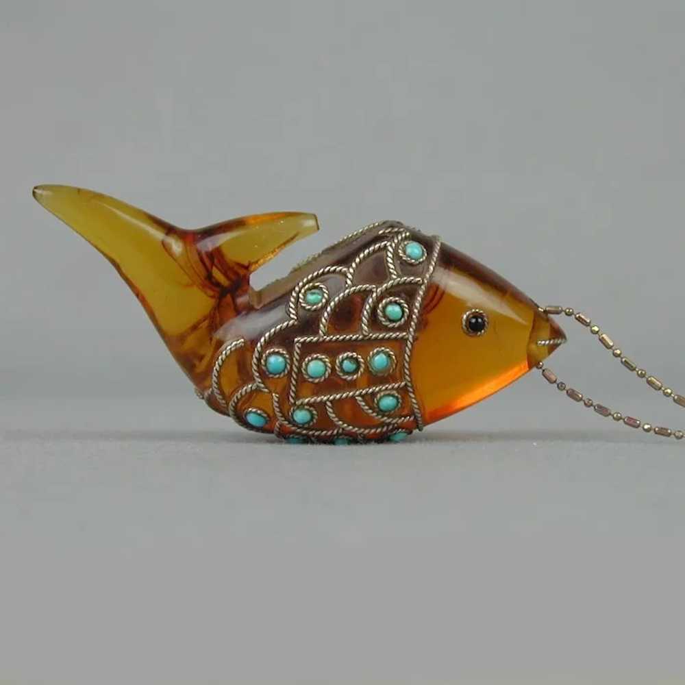 Vintage Amber Lucite Fish Pendant  w/ Turquoise &… - image 4