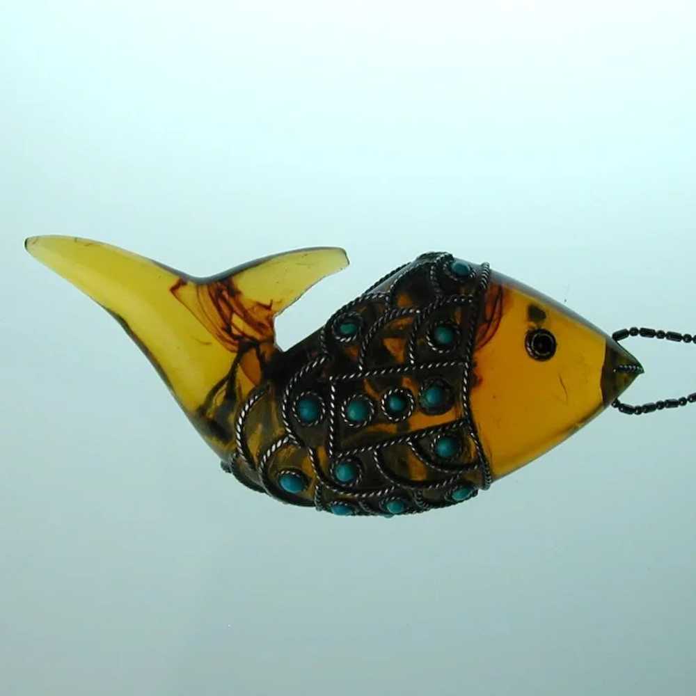 Vintage Amber Lucite Fish Pendant  w/ Turquoise &… - image 6