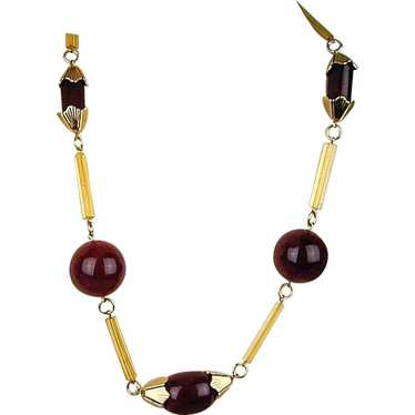 Modernist Gold-Tone Lucite Necklace Faux Amber Goo