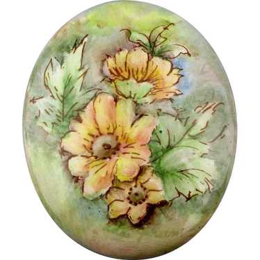 Vintage Hand-Painted Floral Porcelain Pin Signed … - image 1