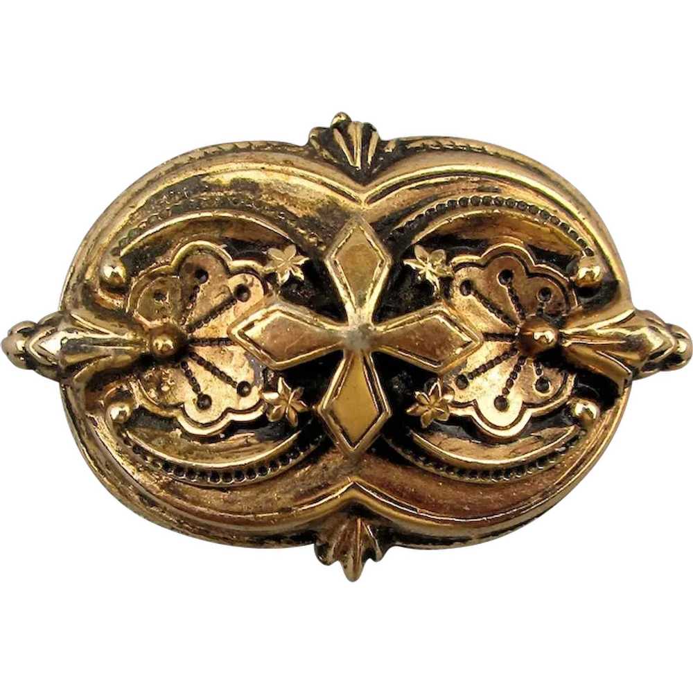 1930s Victorian Style Gilt Pin Brooch Ornate Over… - image 1