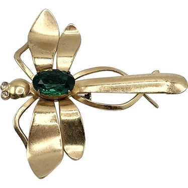 Vintage Coro Green Rhinestone Dragonfly Brooch Pin