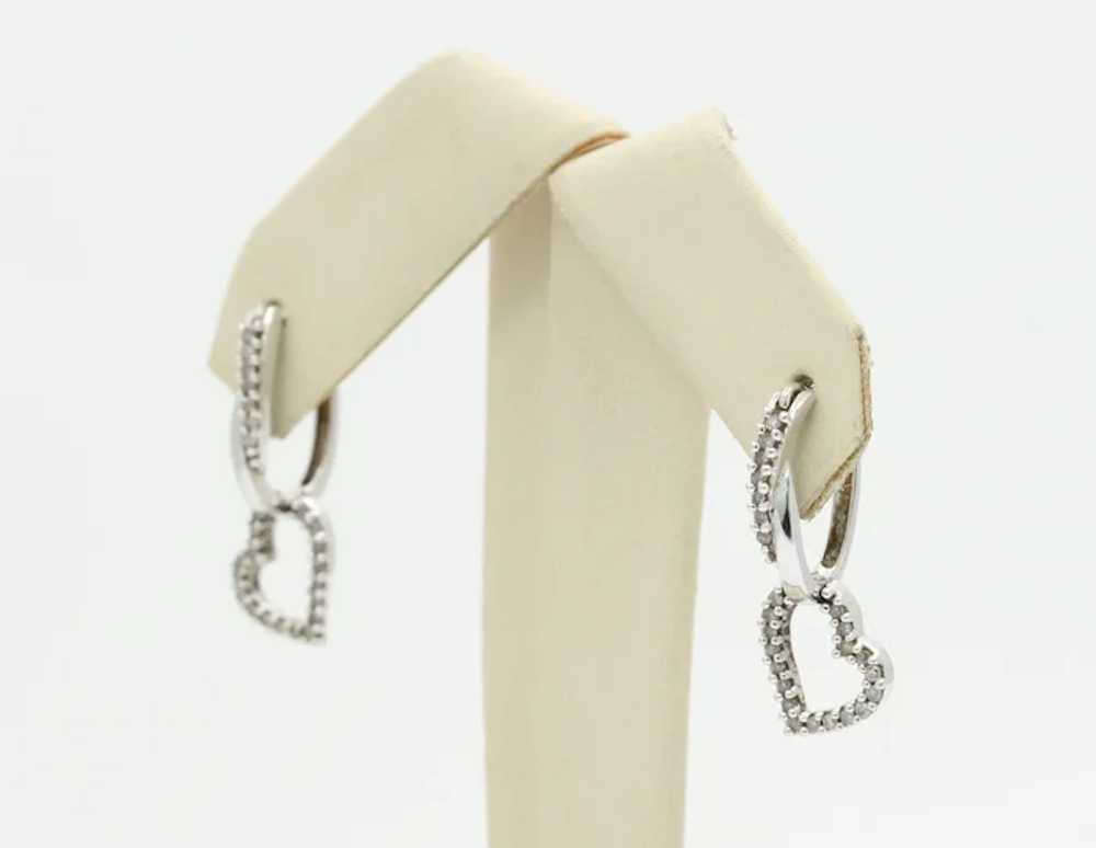 Vintage 10K White Gold Diamond Heart Drop Earrings - image 2