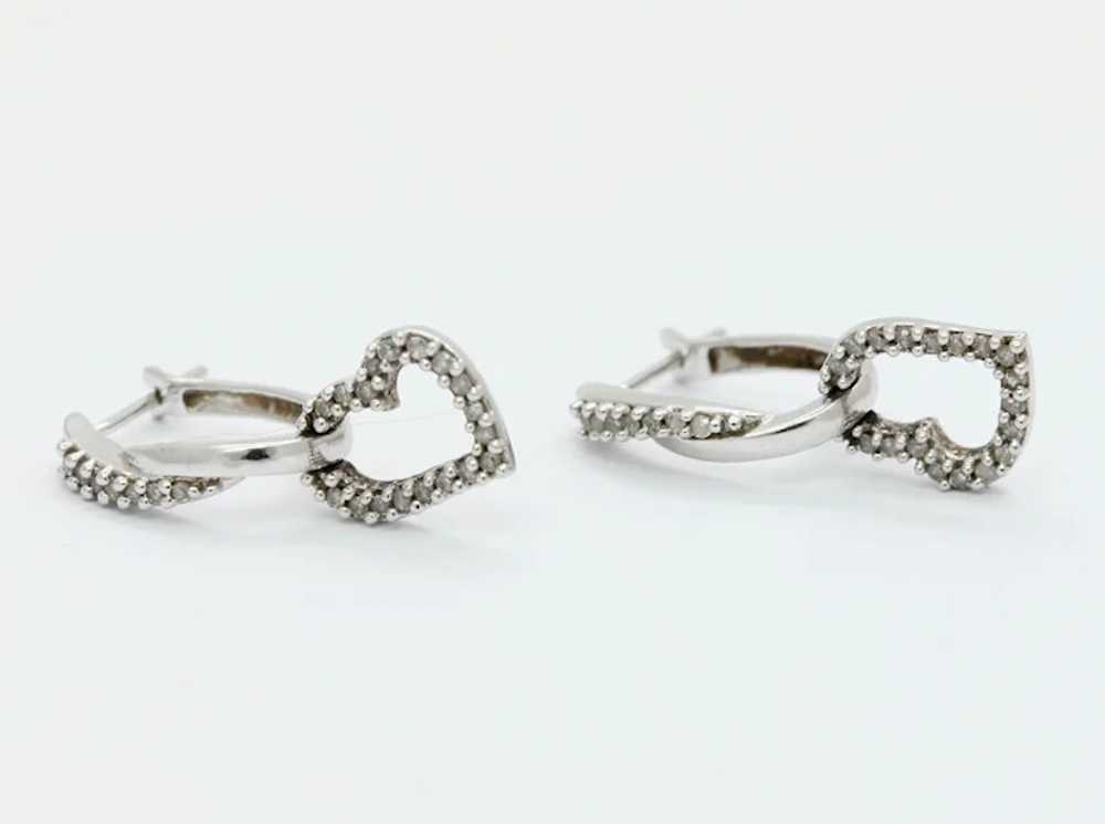 Vintage 10K White Gold Diamond Heart Drop Earrings - image 5