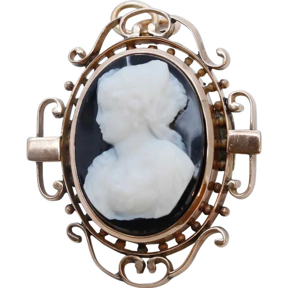 Victorian Cameo 14K Rose Gold Onyx Brooch Pendant… - image 1