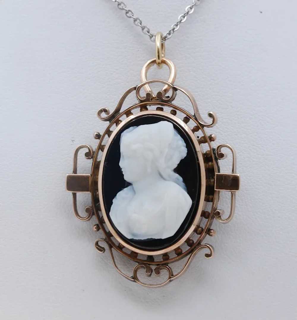 Victorian Cameo 14K Rose Gold Onyx Brooch Pendant… - image 2