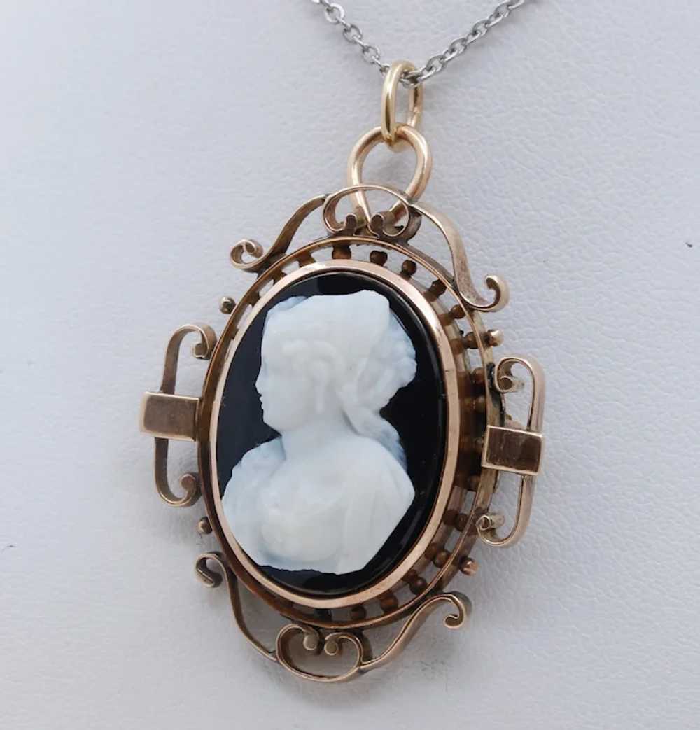 Victorian Cameo 14K Rose Gold Onyx Brooch Pendant… - image 3