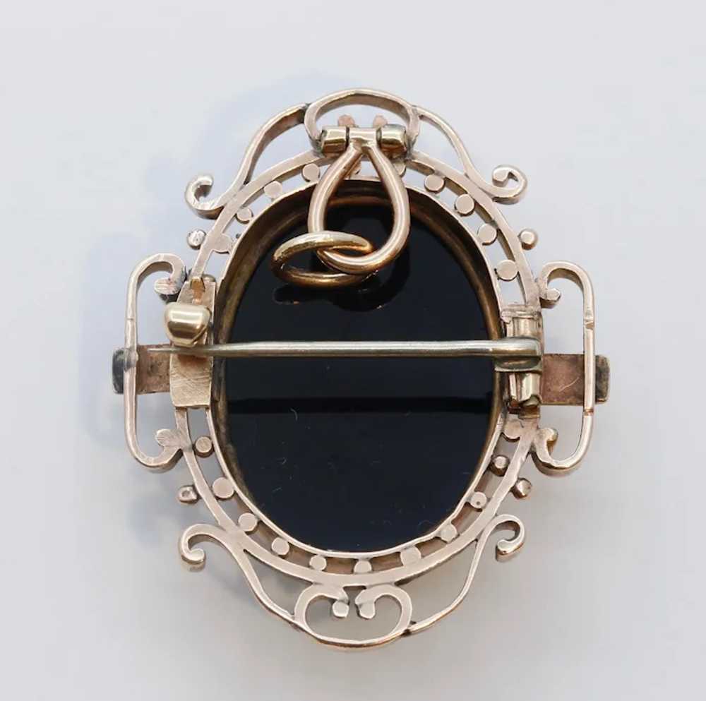 Victorian Cameo 14K Rose Gold Onyx Brooch Pendant… - image 8