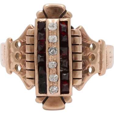 Art Deco Diamonds Garnets 14K Rose Gold Ring