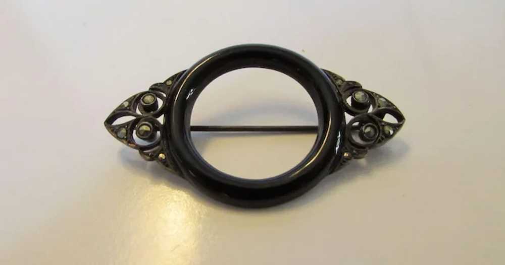 Sterling Silver Marcasite Pin With Faux Onyx Circ… - image 2