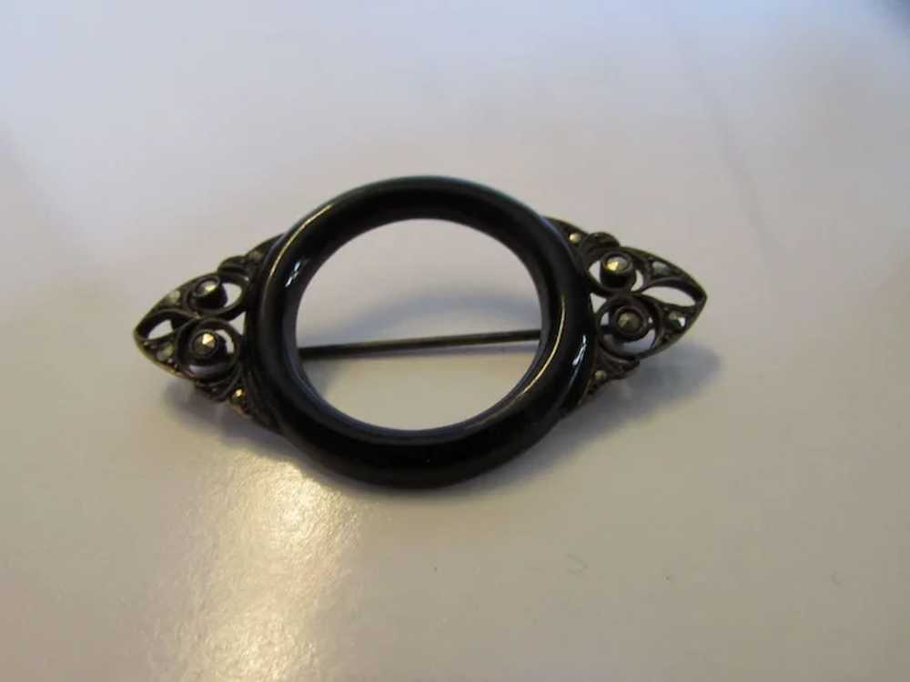 Sterling Silver Marcasite Pin With Faux Onyx Circ… - image 5