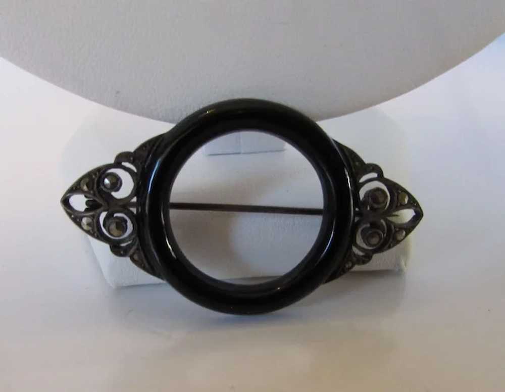 Sterling Silver Marcasite Pin With Faux Onyx Circ… - image 7