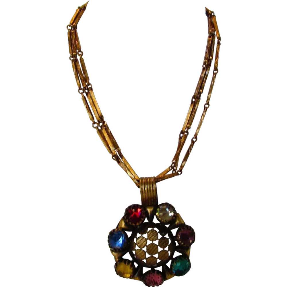 Vintage Multi Crystal Necklace With Triple Goldto… - image 1