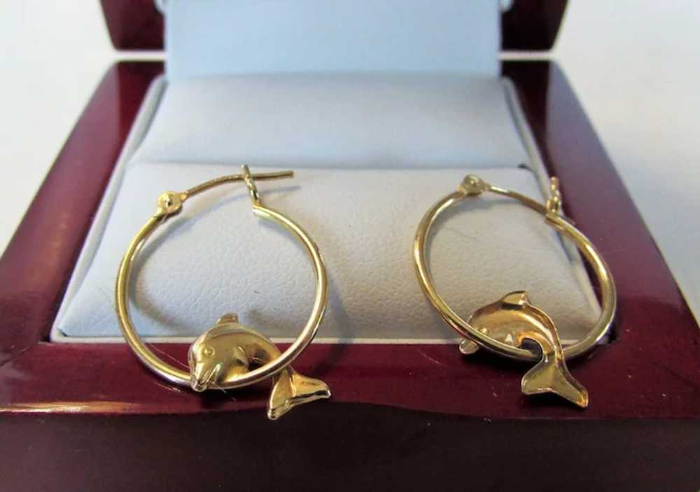 14 Karat Yellow Gold Dolphin Hoop Earrings - image 2