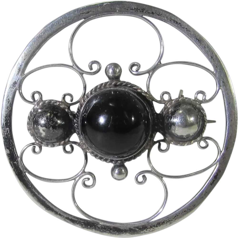 Sterling Silver Circle Pin With Onyx Center - image 1