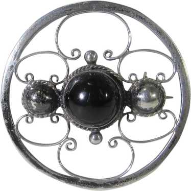 Sterling Silver Circle Pin With Onyx Center - image 1