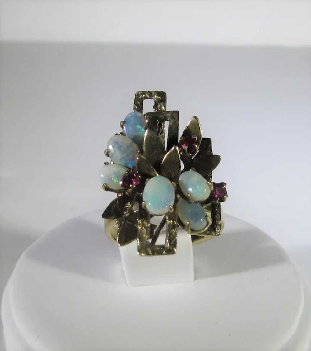 14 Karat Yellow Gold Opal and Ruby Modernist Ring - image 11