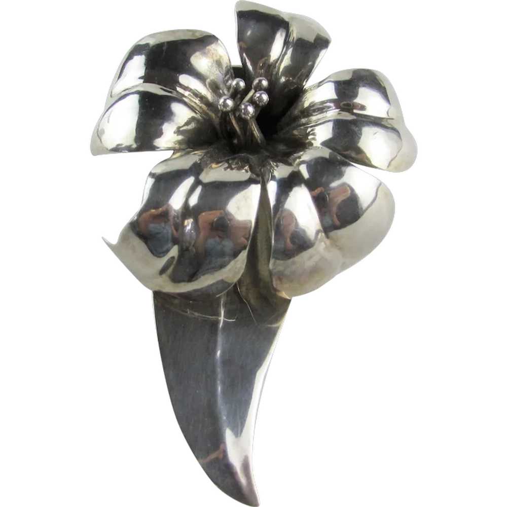 Mexican Sterling Silver Massive Flower Pin Artist… - image 1