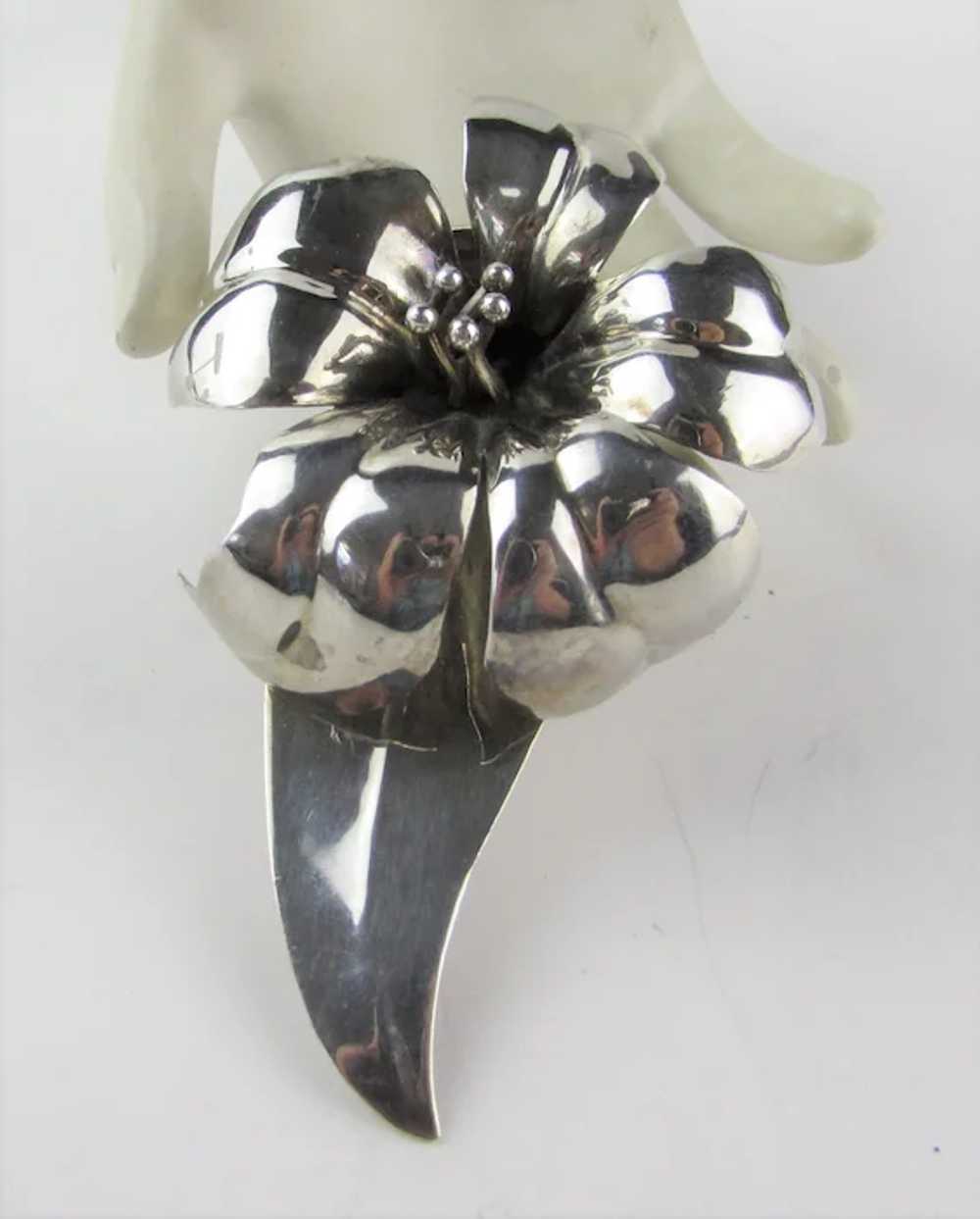 Mexican Sterling Silver Massive Flower Pin Artist… - image 2