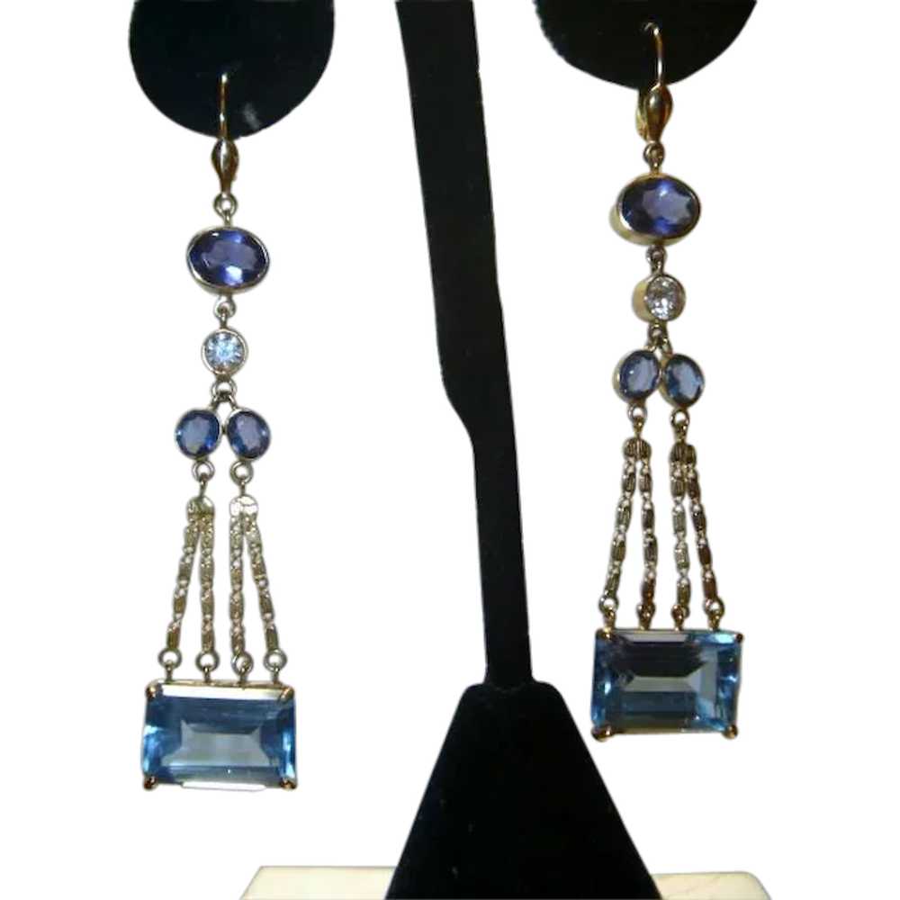 Vintage Topaz Diamond Sapphire and Iolite 18K Ear… - image 1