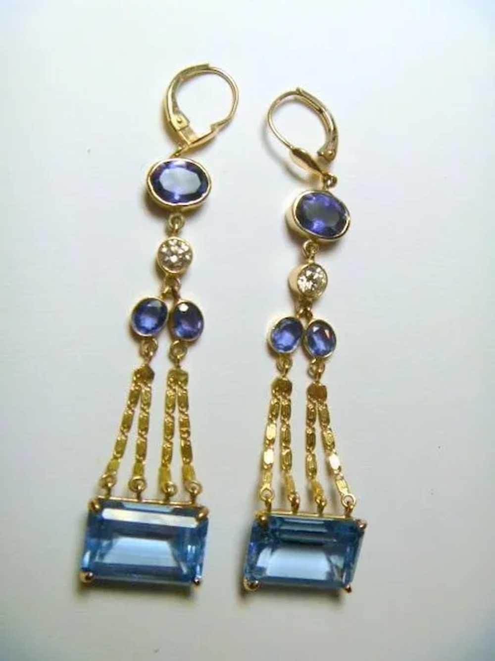 Vintage Topaz Diamond Sapphire and Iolite 18K Ear… - image 7