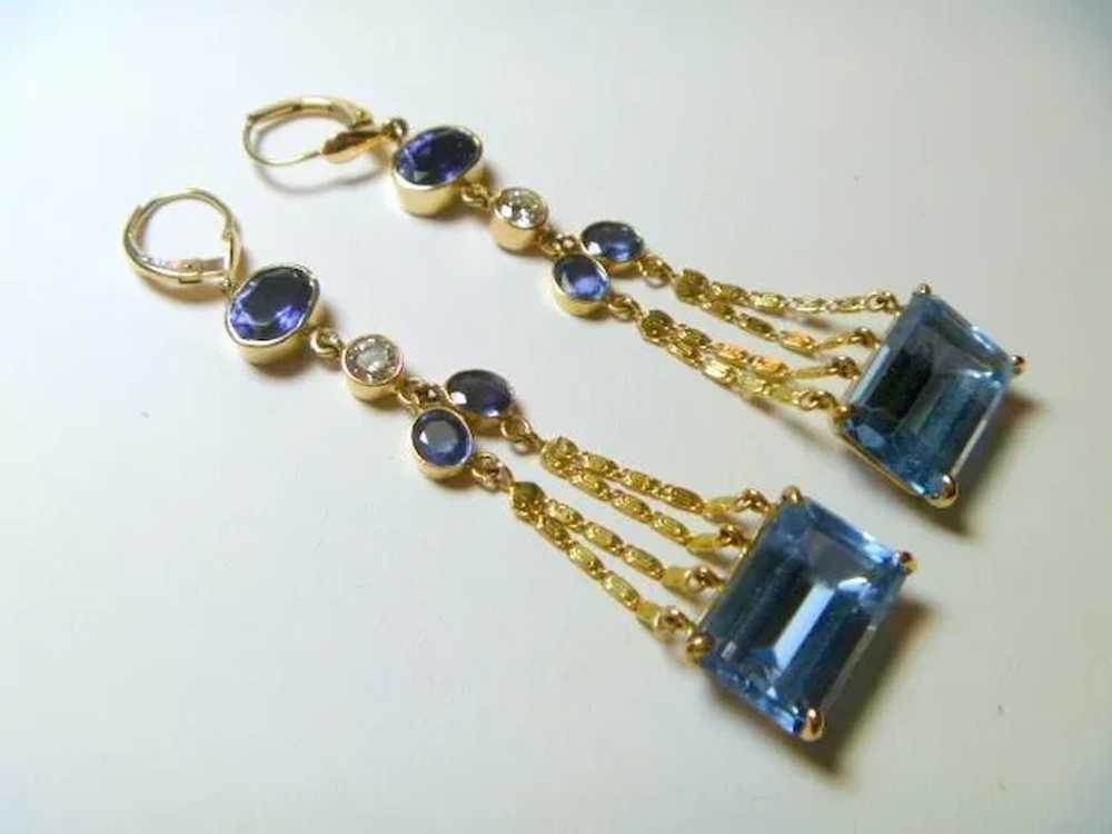 Vintage Topaz Diamond Sapphire and Iolite 18K Ear… - image 8