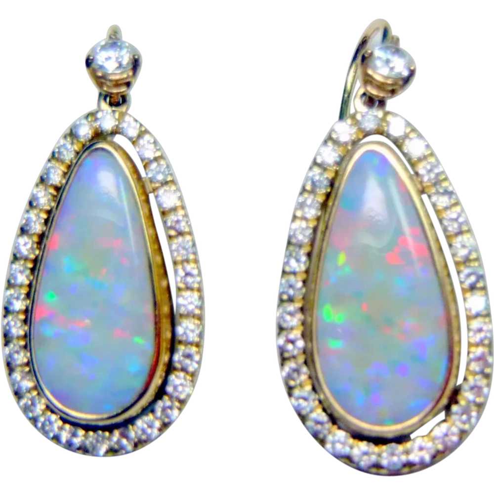 Vintage Opal, Diamond, 14k Earrings - image 1