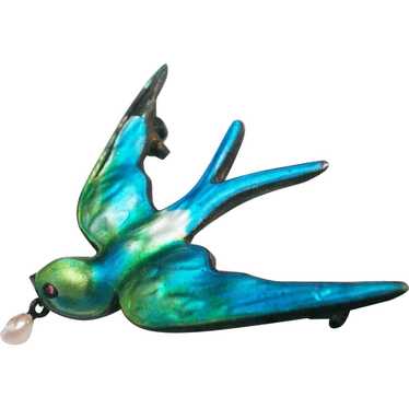 Antique Sterling  Enamel Bird Pin  Pearl &  Jewel… - image 1